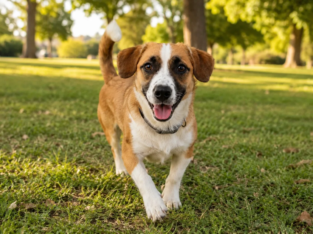 Little Buddy™ in the park — tan and white Mini-Shep, alert and joyful