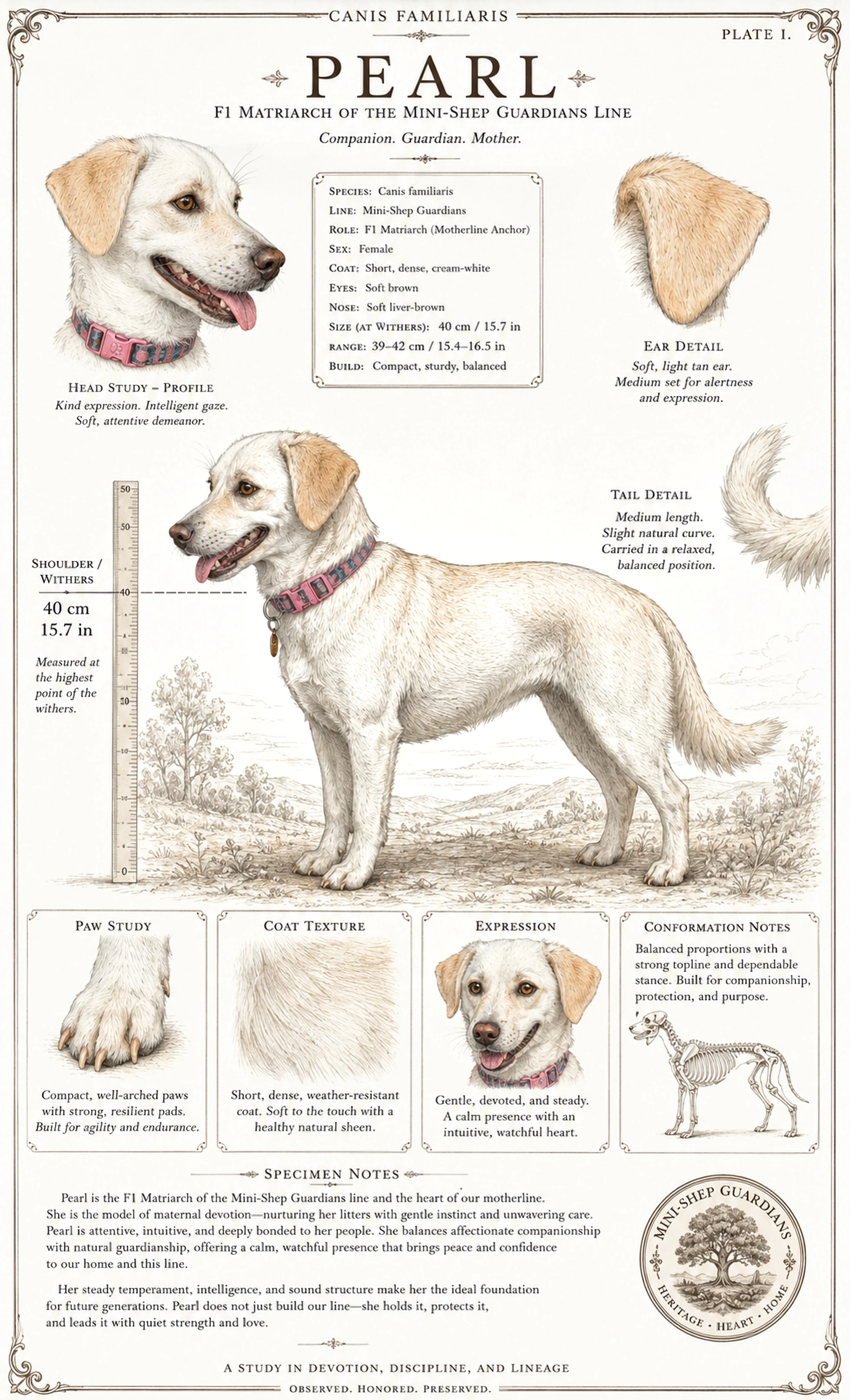 Pearl — F2 Matriarch, full study plate with measurements and detail studies