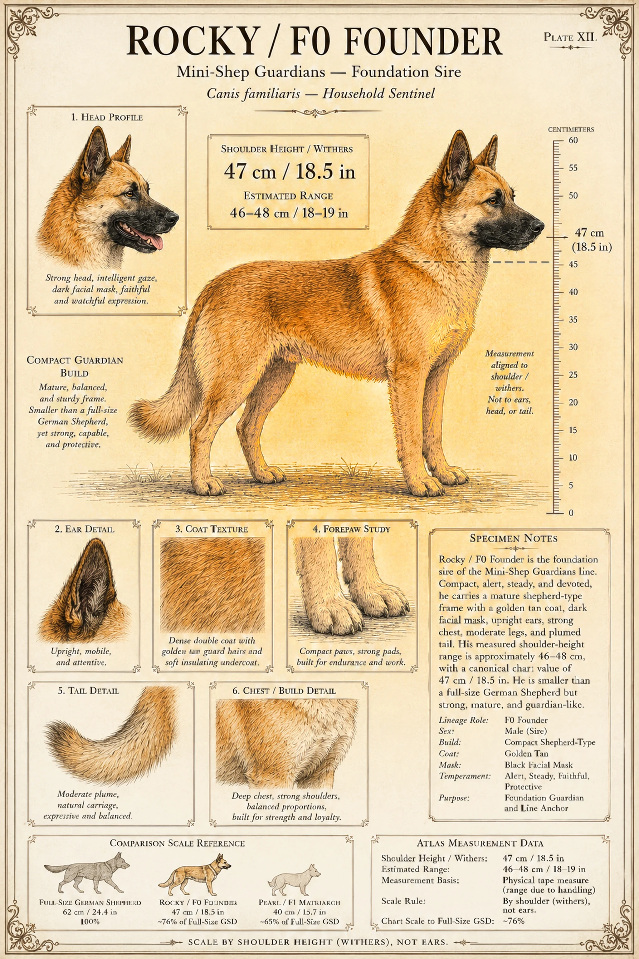 Rocky — F0 Foundation Sire, full study plate with measurements and detail studies